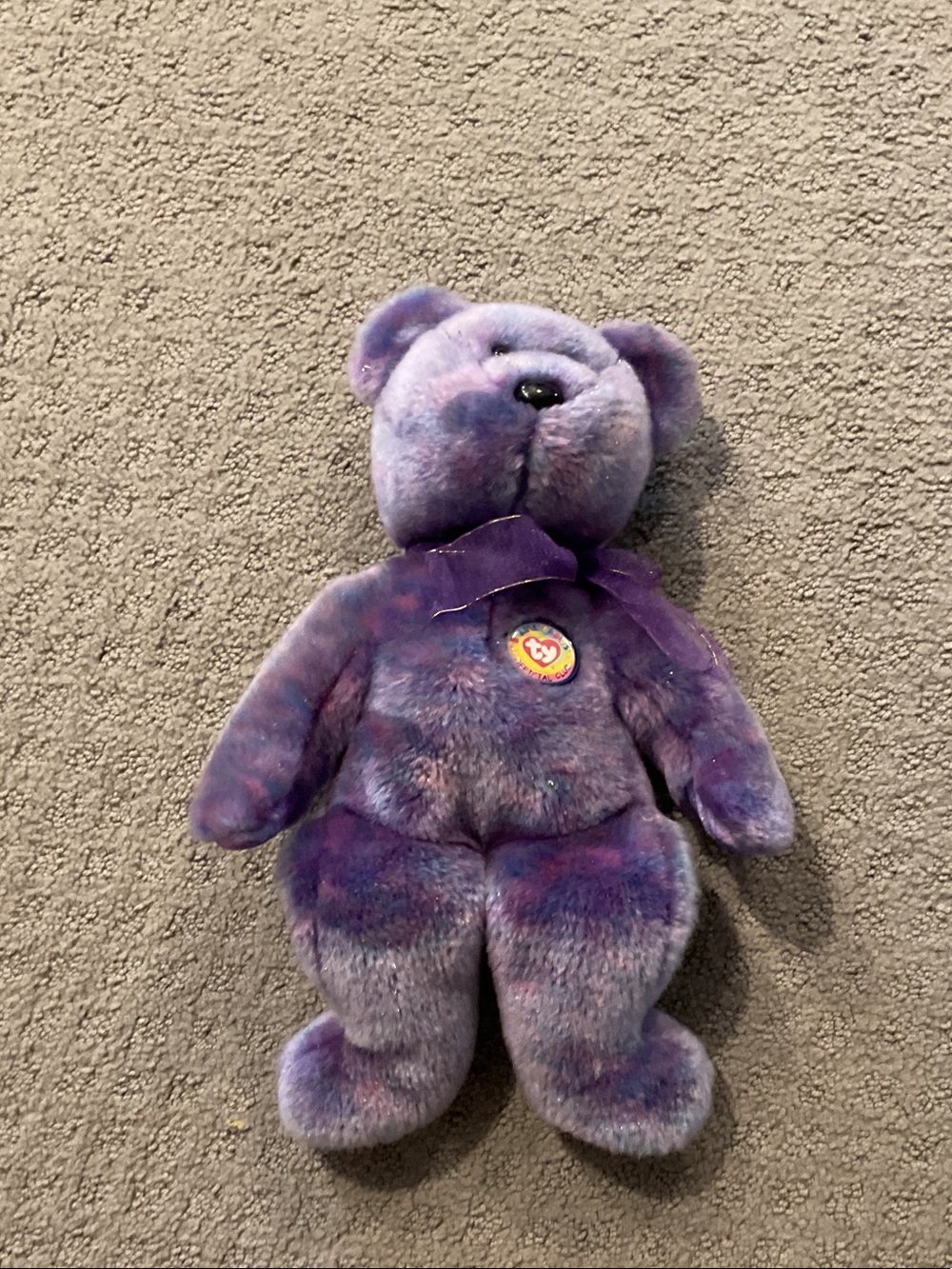 Ty Purple Plush Bear with Ribbon and Heart Tag